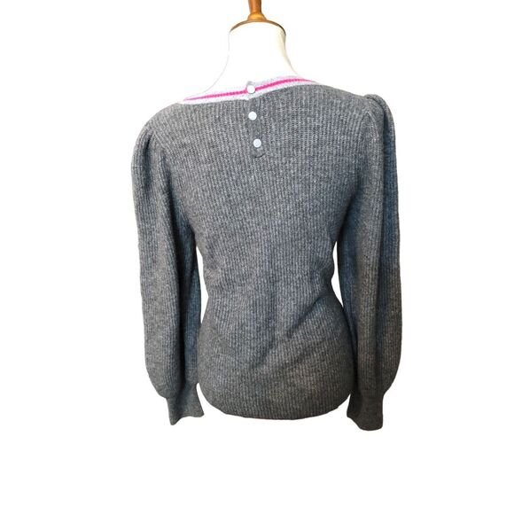 Gray and pink collar trim Halogen Sweater Grey Heather Stripe Neck Crew Neck Pul - Picture 5 of 9